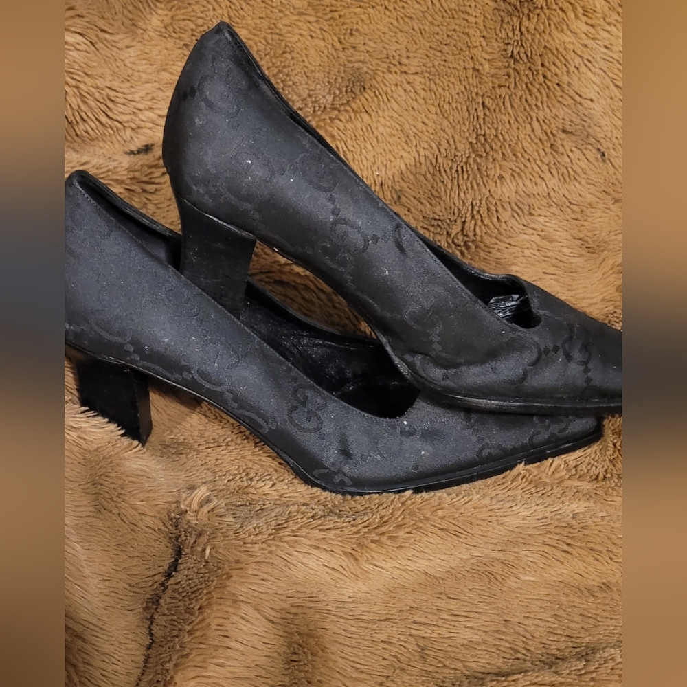 Gucci WOMEN CLOTH LEATHER BLACK CHUNKY Black Heels AUTHENTIC - Picture 8 of 13